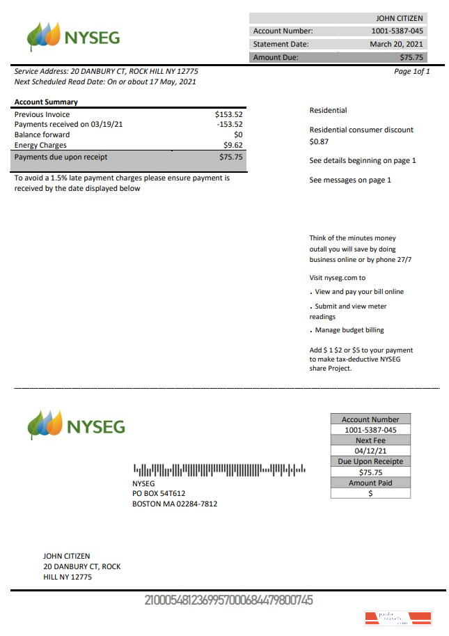 USA Massachusetts Boston NYSEG electricity utility bill template in Word and PDF format